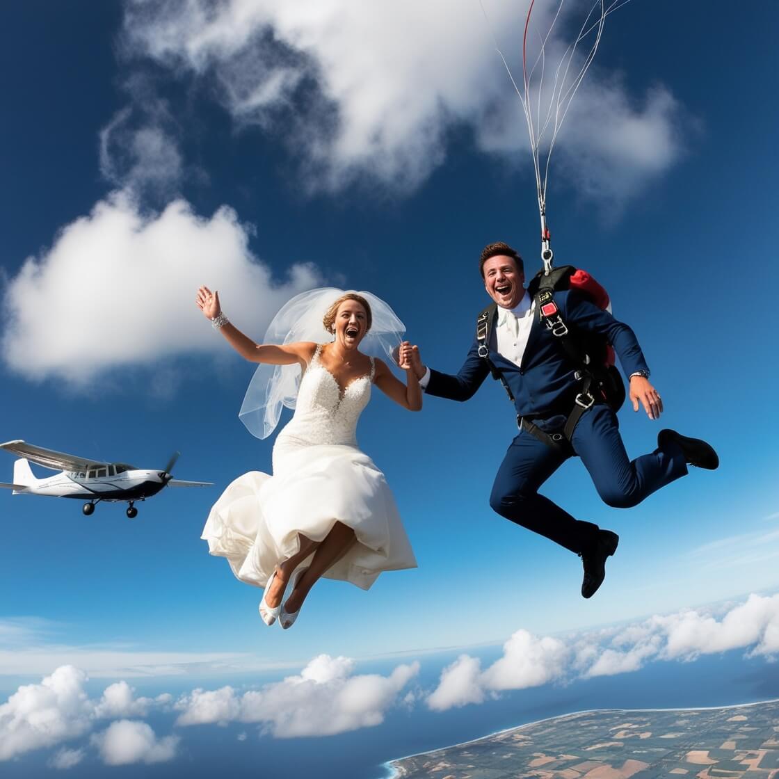 A couple in wedding attire is mid-air, joyously jumping out of an airplane